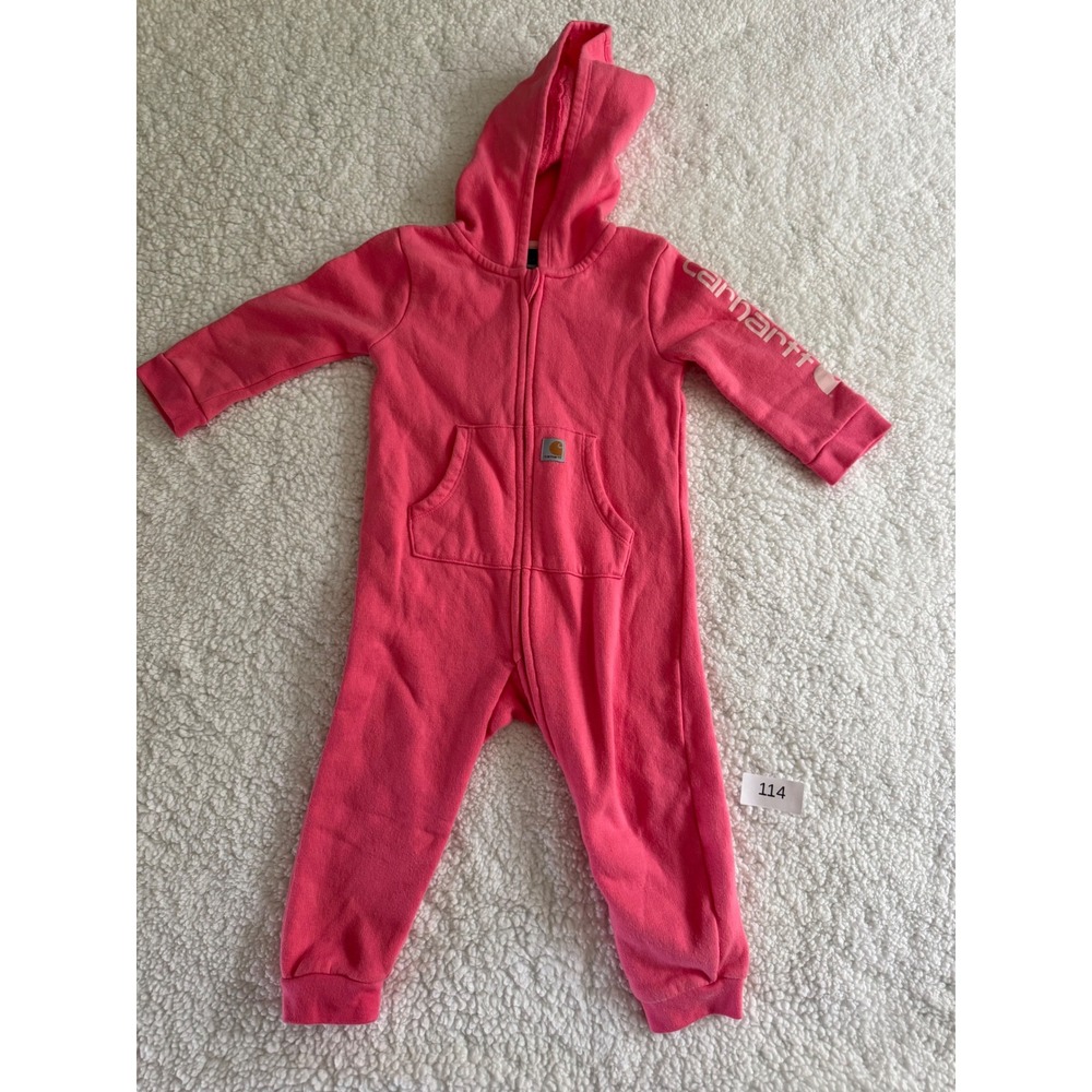 Carhartt Hooded Zip Up Coverall One Piece Kids 18M Pink Excellent 114